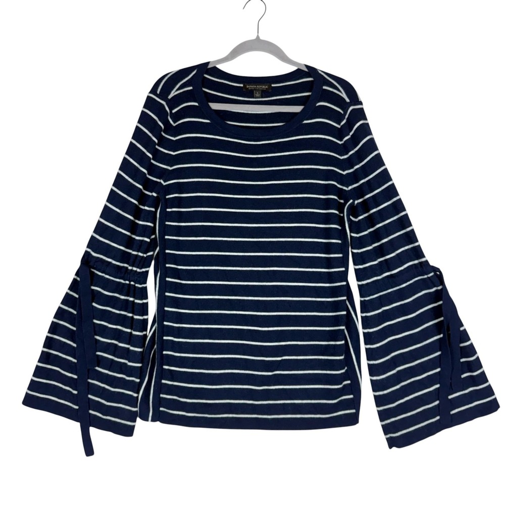 Banana Republic Sweater Women's L Blue Stripe Bell Sleeve Tie Pullover Knit Wool